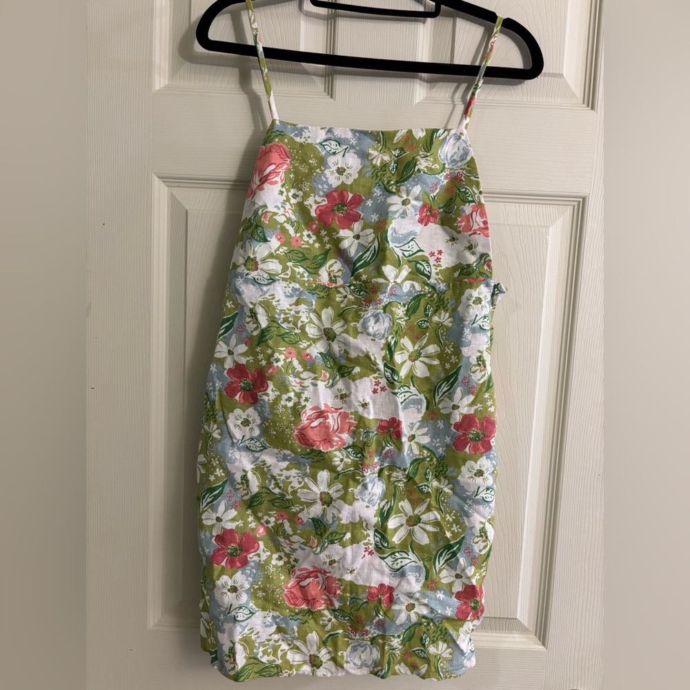 Reformation Full Linen Floral Square-Neck Mini Dress in Green, Pink and Blue - Picture 2 of 8